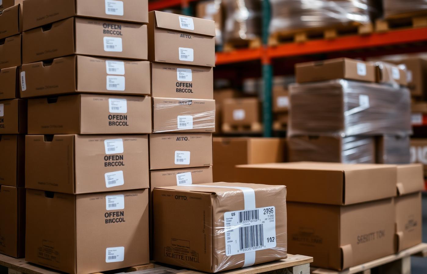 Stacked and labelled product cartons on a warehouse pallet