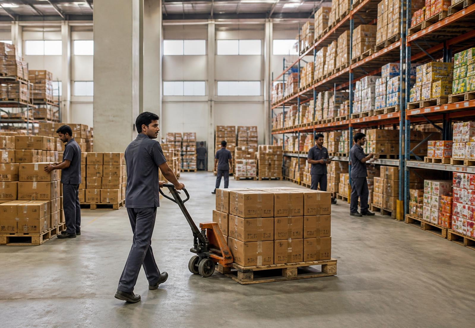 Workers moving palletised cartons inside an Indian distribution warehouse