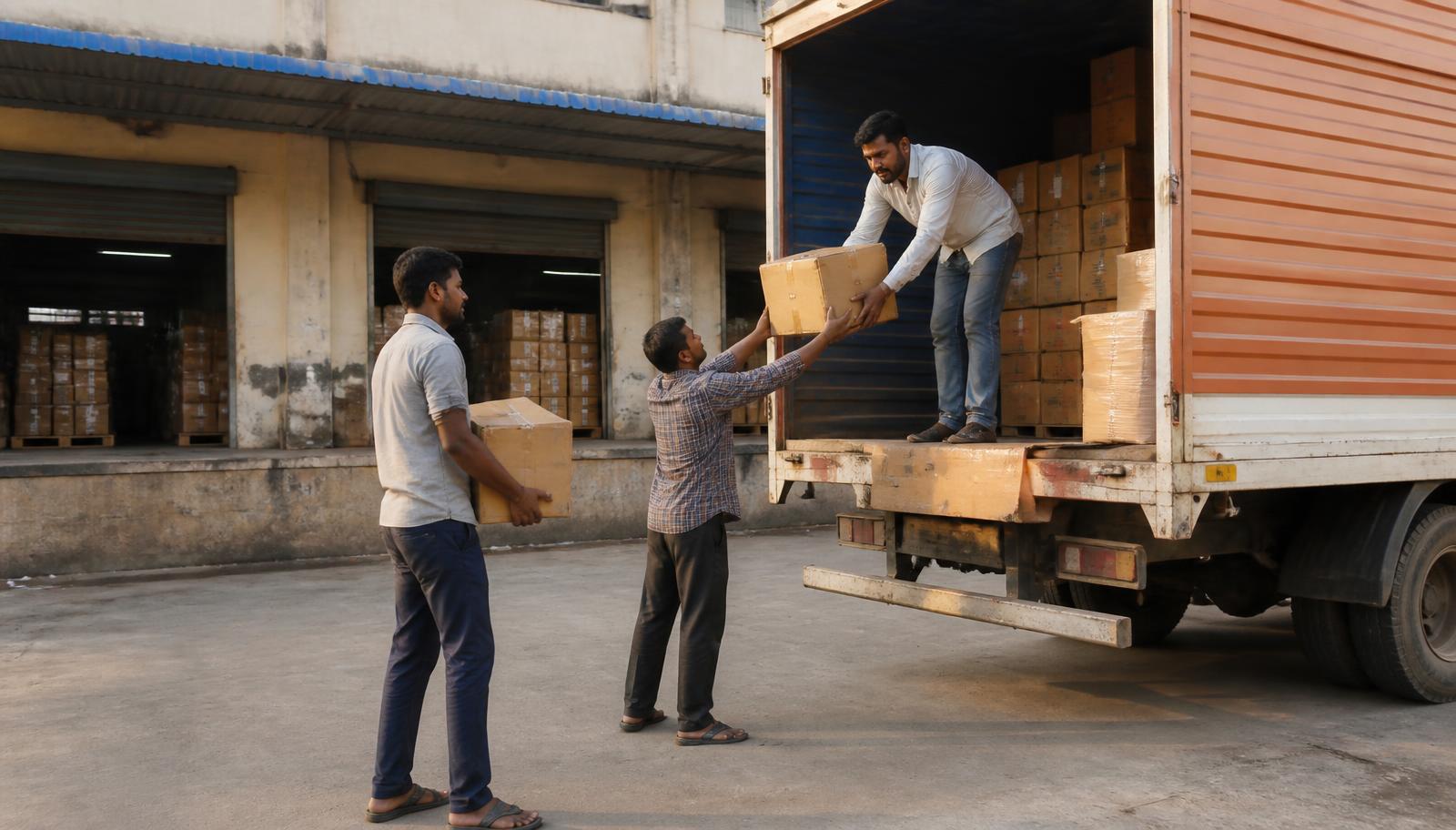Cartons being loaded onto a truck at a commercial dock in India