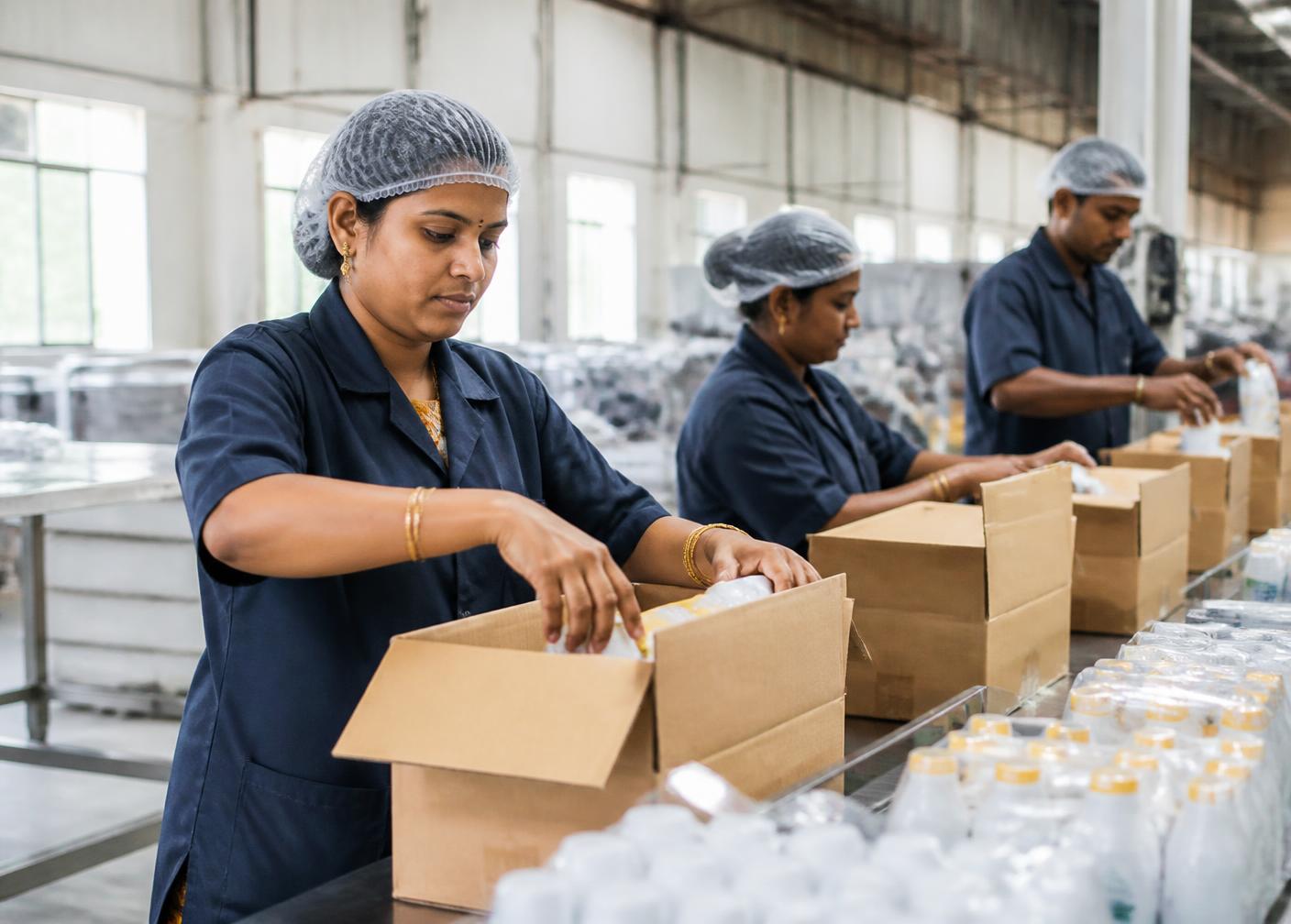Workers packing finished products on an Indian manufacturing line
