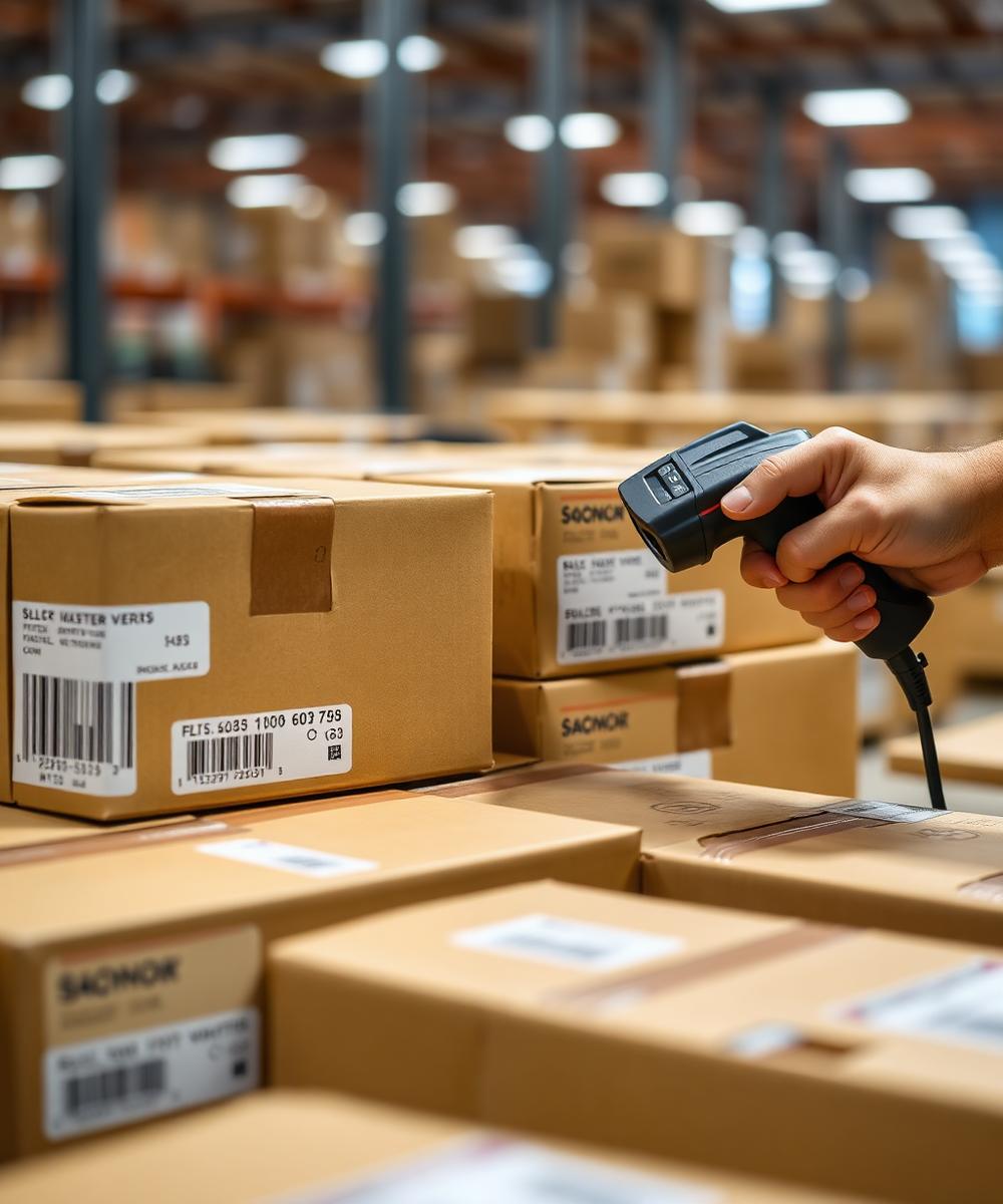 Labelled cartons being scanned for online orders