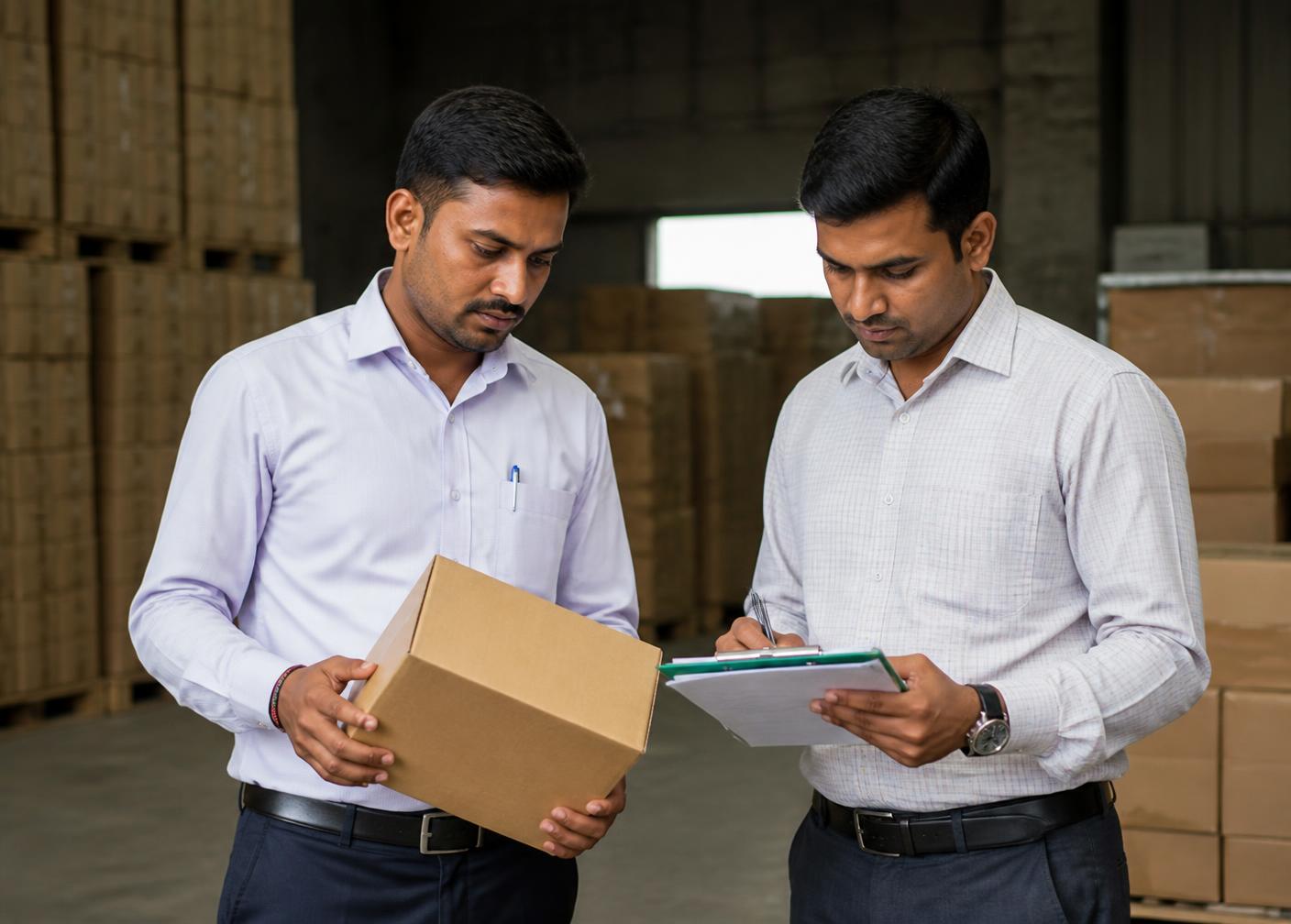 Two colleagues reviewing product cartons in a warehouse in India